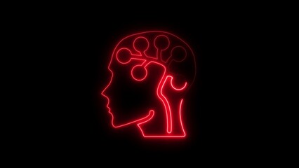 Glowing red neon human brain outline displaying artificial intelligence and cognitive processes