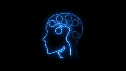 Neon outline of a human head with brain network concept in glowing blue light