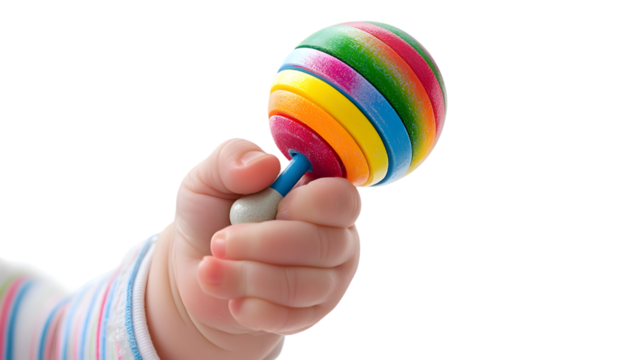 A baby's hand gripping a colorful rainbow striped rattle toy against a black background image close up