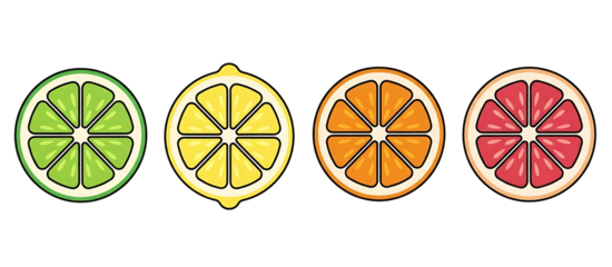 Colorful citrus medley featuring vector illustrations of sliced lime, lemon, orange, and grapefruit in a row