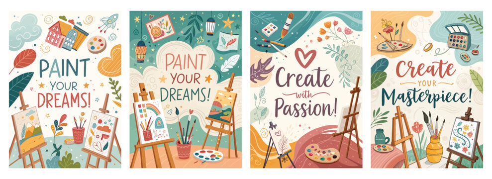 Colorful artistic posters promoting creativity and passion for painting, featuring inspiring phrases.
