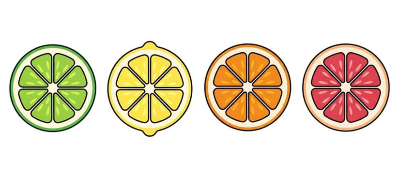 Colorful citrus medley featuring vector illustrations of sliced lime, lemon, orange, and grapefruit in a row