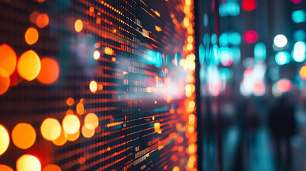 Digital cityscape with abstract lights and blurred night street background
