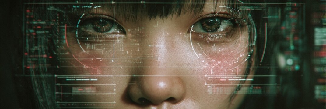Occhi di donna con interfaccia olografica futuristica, concetto di tecnologia e intelligenza artificiale.