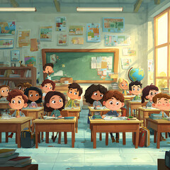 High-Resolution Back to School Illustration: Animated Classroom with Books, Pencils, and Globes