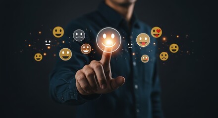 Man in Dark Shirt Touching Happy Smiley Face Icon on Virtual Screen