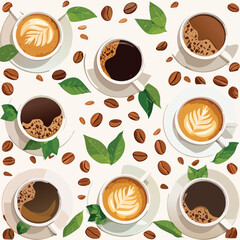 Obraz premium Overhead view of various coffee cups with latte art, coffee beans, and green leaves scattered around.