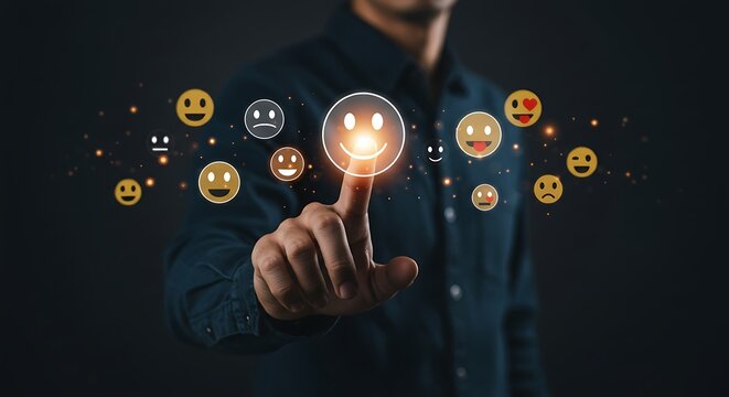 Man in Dark Shirt Touching Happy Smiley Face Icon on Virtual Screen