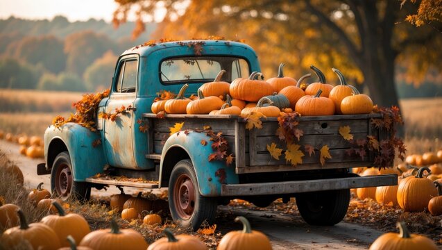 Fototapeta A vintage blue truck loaded with pumpkins in an autumn field, surrounded by fallen leaves and more pumpkins, capturing a seasonal pumpkin harvest scene.