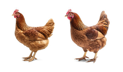 Fototapeta premium Two Brown Chickens: A picturesque depiction of two brown chickens, captured in a studio setting, presenting a view of poultry on bright surface