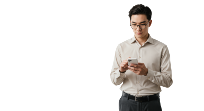 Young gender-neutral professional in smart casual attire focused on glowing smartphone on transparent studio background with copy space, seamless digital connectivity and professional productivity