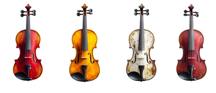 Four Violins With Various Colors Set Against A Transparent Background Highlighting Detail Of The Instruments Construction And Design Each Instrument Features