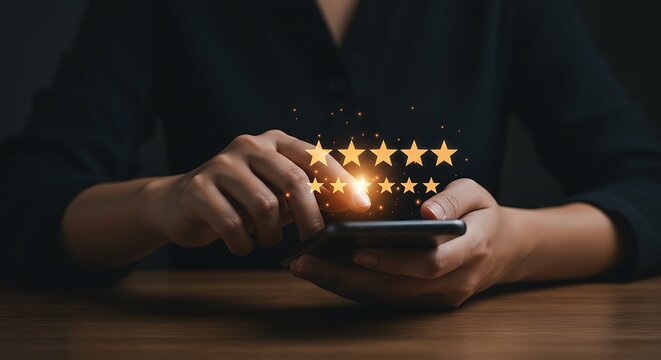 Woman Using Smartphone with Star Rating Icons Floating Above in Dark Environment