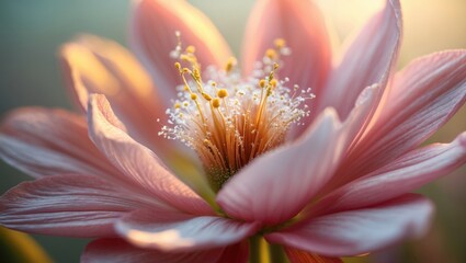 Close-up of a pink flower with delicate white stamens, illuminated by soft, warm sunlight. Nature and botany, floral beauty, close-up photography.