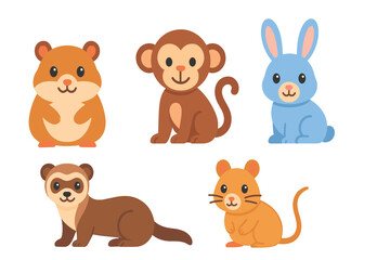 Fototapeta premium Illustration of five charming, colorful cartoon animals including a bunny, hamster, mouse, monkey, and ferret. Perfect for children's graphics, educational resources, or creative designs.