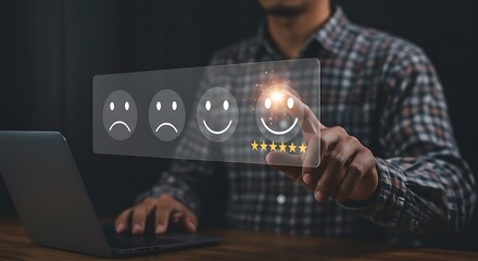 Man Interacting with Digital Customer Satisfaction Feedback Screen in Dark Office