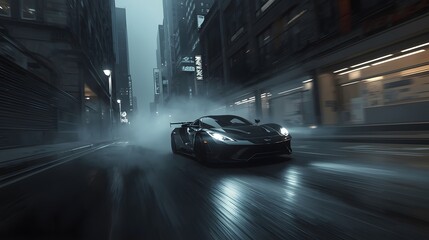 black sports car speeding through foggy neon-lit city streets in an intense nighttime race
