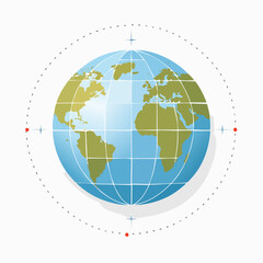Illustration of the Earth with continents and oceans, surrounded by a dotted circle and compass points.