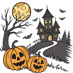 Old house with pumpkins in front, hellowen night
