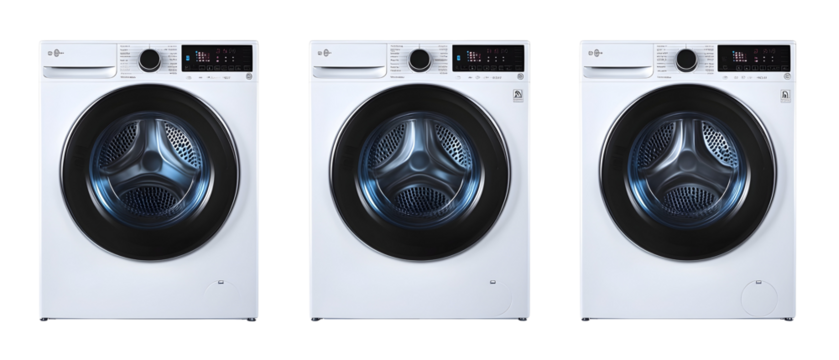 Three White Washing Machines Displayed With Black Circular Doors Against Transparent Background - Powered by Adobe