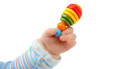 Baby hand holding a colorful wooden rattle with red yellow green orange and blue on a black background