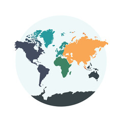 World map illustration showing continents in different colors, representing global geography.