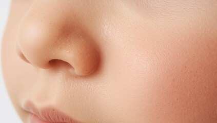 Close up of a child nose and cheek with sunblock dots unblended on plain white background