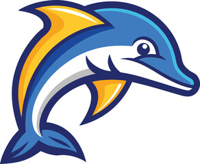 Dynamic blue and yellow dolphin mascot leaping