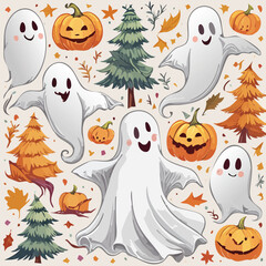Obraz premium Whimsical Halloween illustration featuring smiling ghosts, pumpkins, and autumn leaves.
