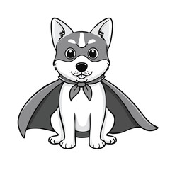 A cute cartoon illustration of a superhero dog wearing a cape and mask, sitting.