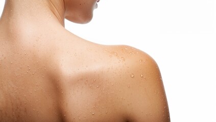Close up of a female back shoulder with water droplets on plain white background
