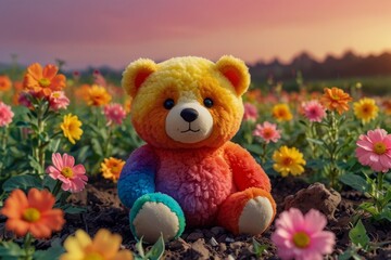 Fototapeta premium Rainbow soft toy bear lying in field of flowers at sunset