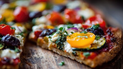 A freshly baked veggie pizza adorned with colorful toppings like cherry tomatoes, olives, and zucchini displayed on a rustic wooden board. Perfect for sharing at any gathering