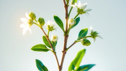Obraz premium Close-up of a flowering plant with white blossoms and green leaves, illuminated by sunlight.
