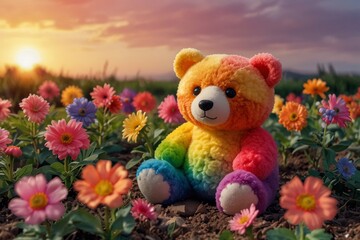Fototapeta premium Rainbow soft toy bear lying in field of flowers at sunset
