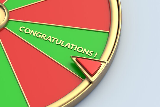 Congratulations word on wheel of fortune. Victory concept. Achieving a desired result. A dream come true. Winning the lottery. 3d render