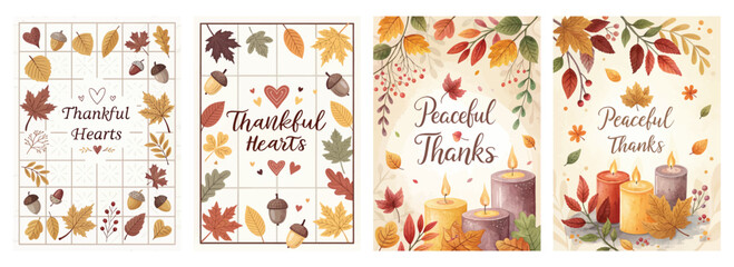 Fototapeta premium Autumn-themed illustrations featuring leaves, acorns, and candles expressing gratitude and peace.