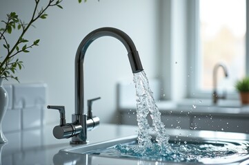 Modern kitchen sink with flowing water and natural light ambiance