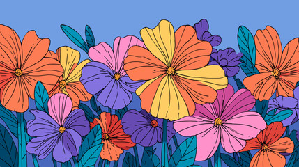 Handdrawn Outline Colorful Flower Garden with Leaves and Blue Background