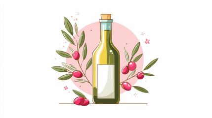 Bottle of olive oil is illustrated with clean and minimalistic design, surrounded by olive branches with vibrant green leaves and ripe red olives. background features soft pink circular accent