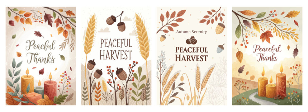 A warm autumn-themed collection showcasing gratitude and serenity with candles and natural elements.