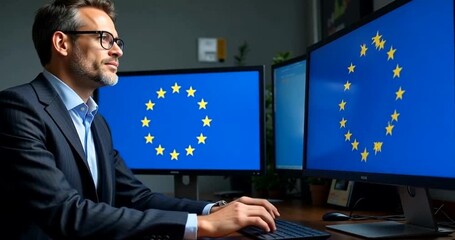 Man working on computer with european union flag on screens - Powered by Adobe