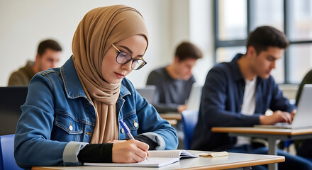 Muslim girl studying in classroom, focused student learning with education and diversity concept
