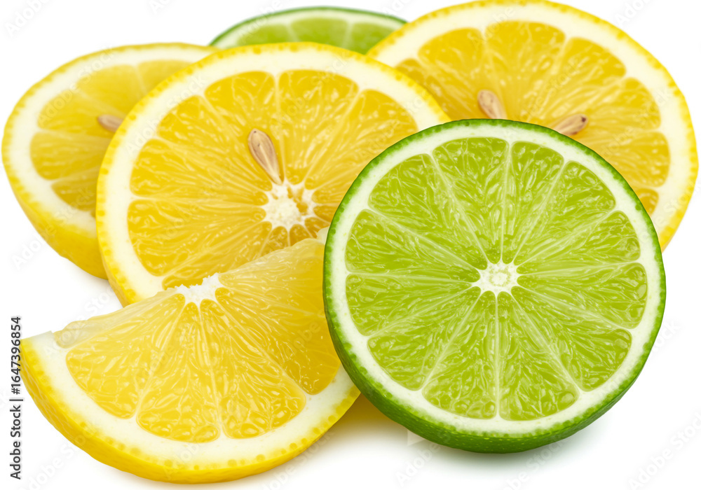 Poster a close up shot of sliced lemons and limes arranged on a white surface in a studio setting