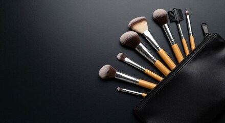 Professional Makeup Brushes Set in Black Case Cosmetic Tools Beauty Accessories Flatlay