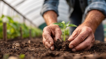 Hands carefully place a young seedling into rich soil within a greenhouse, showcasing commitment to nurturing plants and sustainable gardening practices during daytime