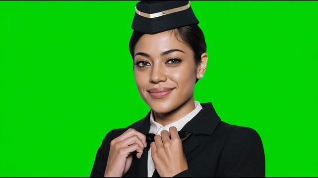 Young happy multiracial woman an air hostess in uniform with hat looking to the camera and smiling on green screen footage.