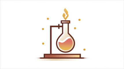 Minimal illustration of laboratory setup featuring round bottom flask being heated with flame. design is clean and modern, with warm tones and scientific theme
