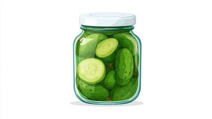 Jar of pickles in flat style illustration, featuring green cucumbers and pickle slices in transparent glass jar with white lid. design is clean and minimalistic