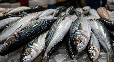Obraz premium Fresh mackerel fish displayed on a bed of ice, showcasing their silvery scales and streamlined bodies.